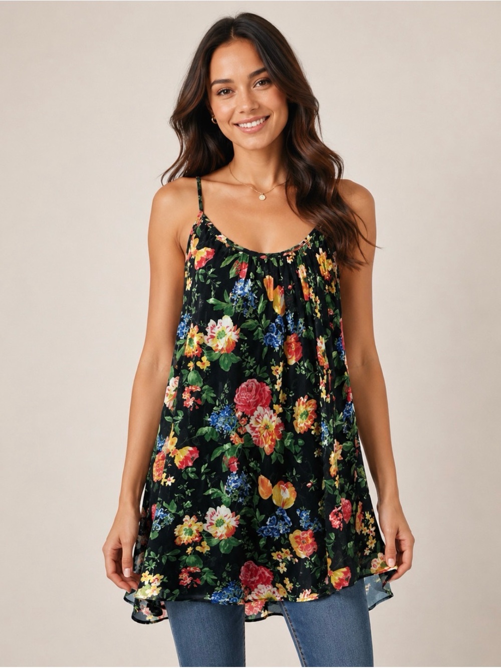 Pins & Needles Black Floral Spaghetti-Strap Tunic with Multicolor Blooms